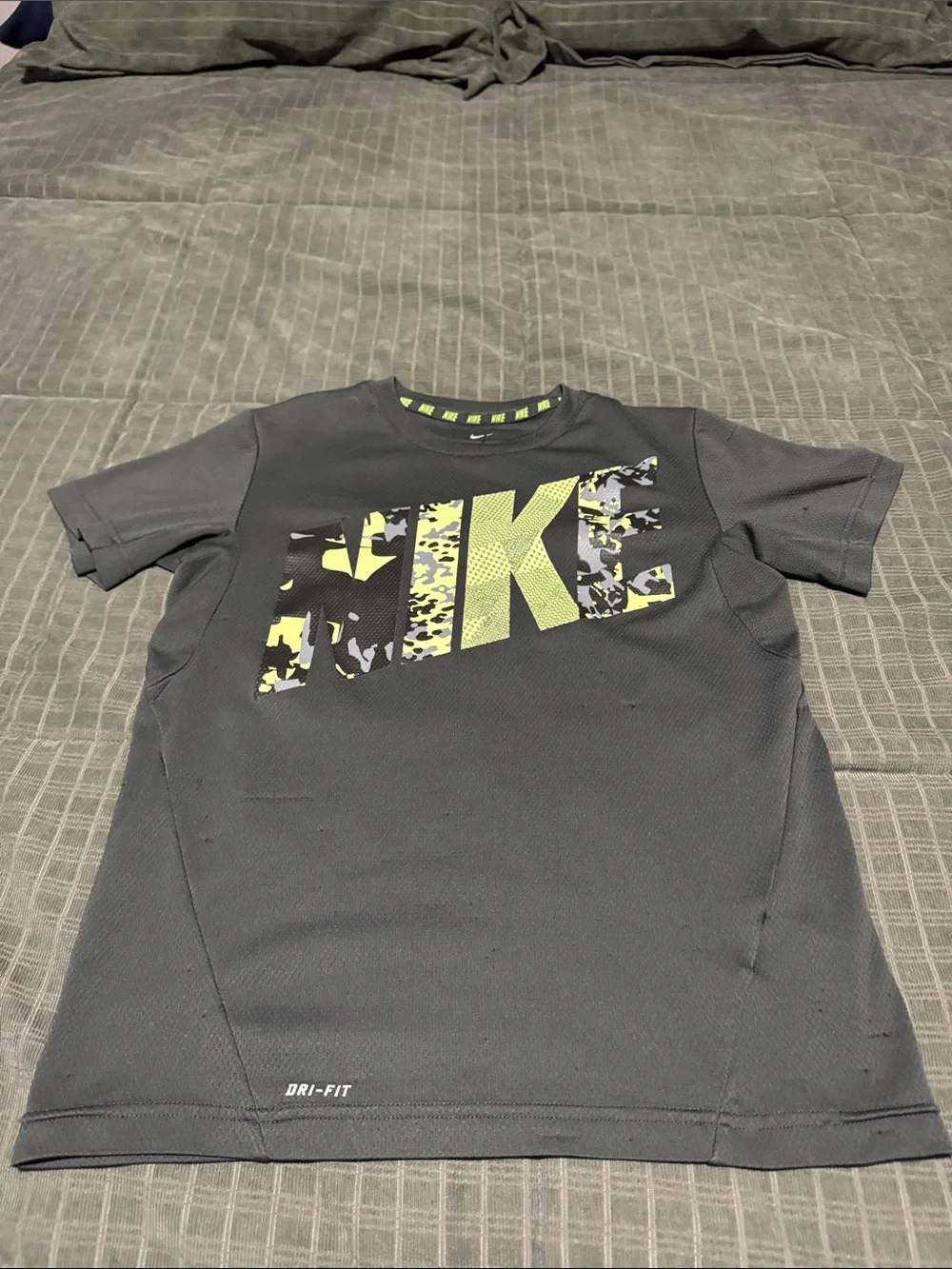 Nike Boys' Black Tee with Neon Yellow Camo NIKE Logo